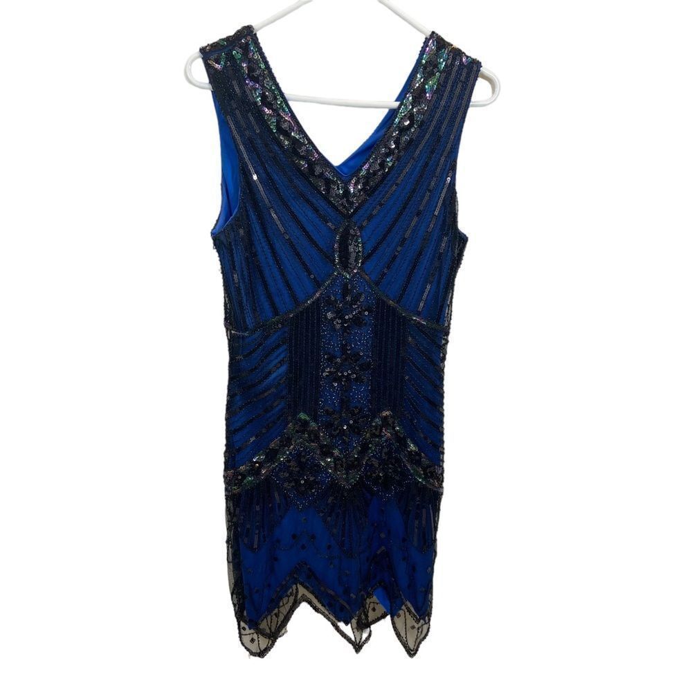 Blue and Black Sequin‎ V Neck Knee Length Dress Flapper Style Size Medium - Picture 15 of 15